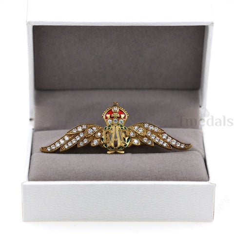 Cased Uk RAF Pilot Wings Brooch–Gold-Tone, Rhinestones & Enamel Crown (Replica)
