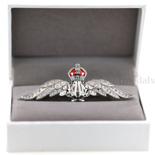 Cased UK RAF Pilot Wings Brooch Silver-Tone, Glass Rhinestones & Enamel Replica