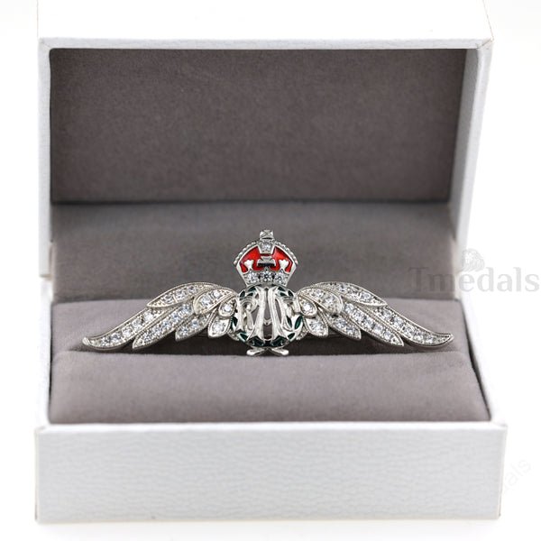Cased UK RAF Pilot Wings Brooch Silver-Tone, Glass Rhinestones & Enamel Replica