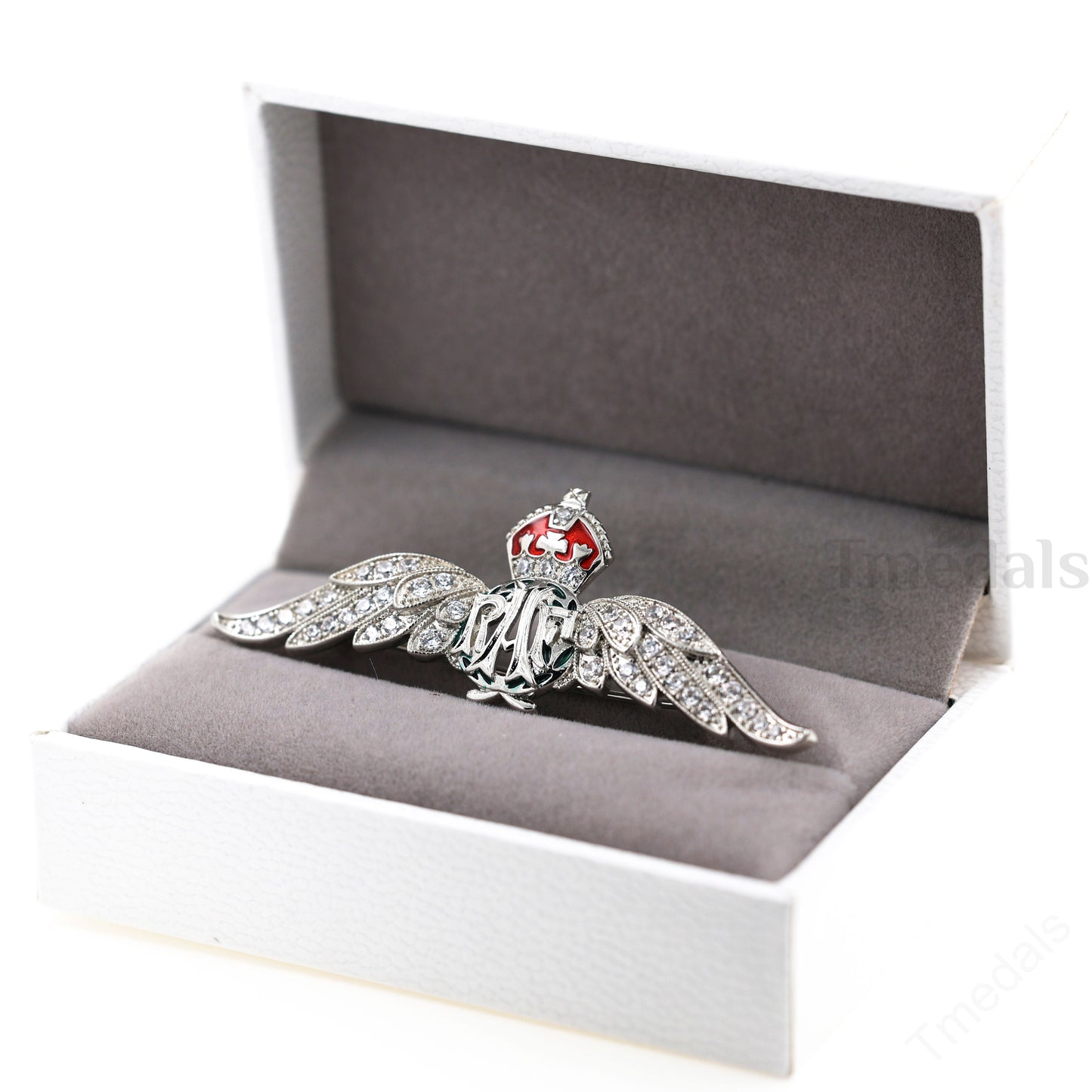 Cased UK RAF Pilot Wings Brooch Silver-Tone, Glass Rhinestones & Enamel Replica