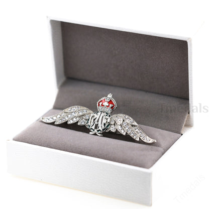 Cased UK RAF Pilot Wings Brooch Silver-Tone, Glass Rhinestones & Enamel Replica