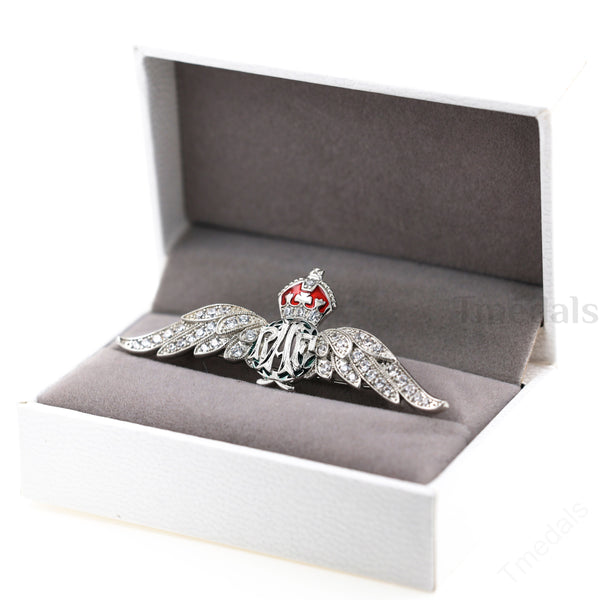 Cased UK RAF Pilot Wings Brooch Silver-Tone, Glass Rhinestones & Enamel Replica