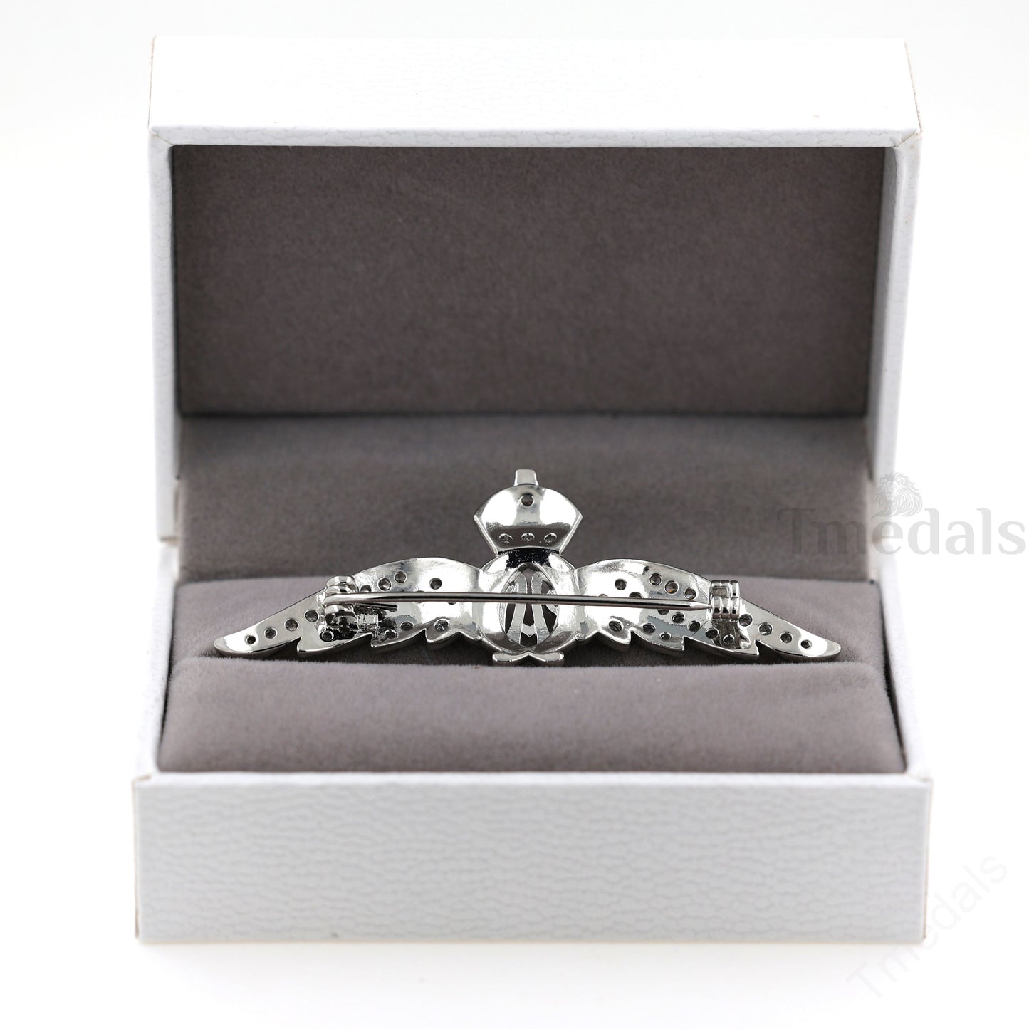 Cased UK RAF Pilot Wings Brooch Silver-Tone, Glass Rhinestones & Enamel Replica