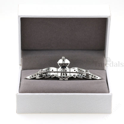 Cased UK RAF Pilot Wings Brooch Silver-Tone, Glass Rhinestones & Enamel Replica
