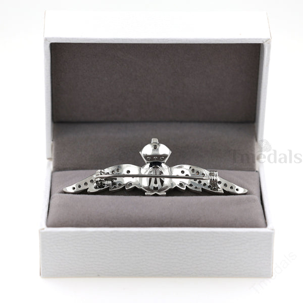 Cased UK RAF Pilot Wings Brooch Silver-Tone, Glass Rhinestones & Enamel Replica