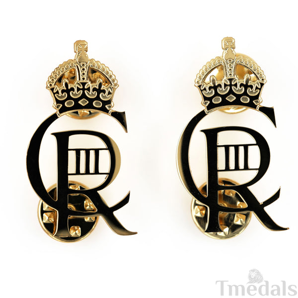 King Charles III CIIIR Cypher Badge Pair Brass Real Gold Plated - UK Replica