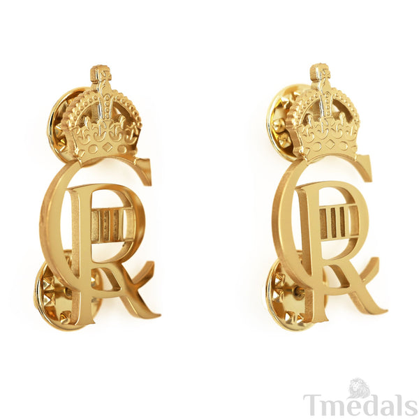 King Charles III CIIIR Cypher Badge Pair Brass Real Gold Plated - UK Replica