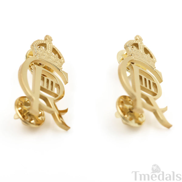 King Charles III CIIIR Cypher Badge Pair Brass Real Gold Plated - UK Replica