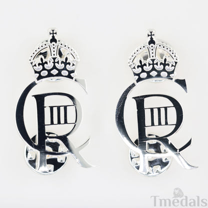 King Charles III CIIIR Cypher Badge Pair Brass Real Silver Plated - UK Replica