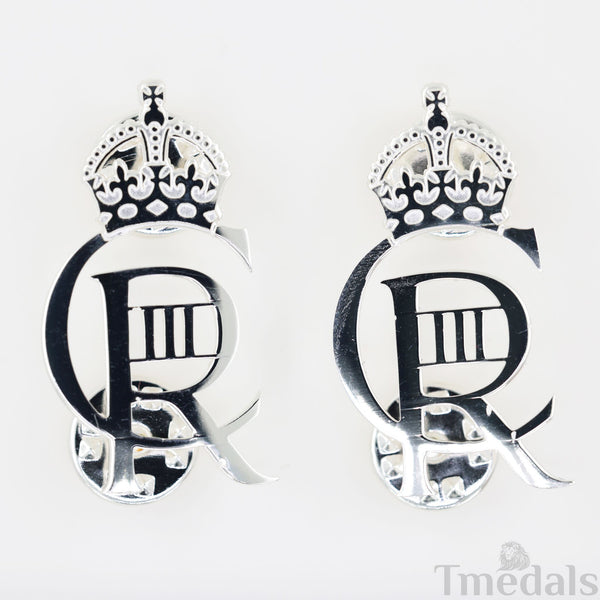 King Charles III CIIIR Cypher Badge Pair Brass Real Silver Plated - UK Replica
