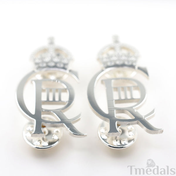 King Charles III CIIIR Cypher Badge Pair Brass Real Silver Plated - UK Replica