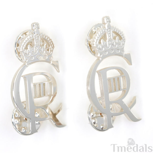 King Charles III CIIIR Cypher Badge Pair Brass Real Silver Plated - UK Replica