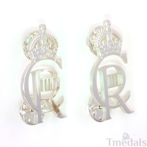 King Charles III CIIIR Cypher Badge Pair Brass Real Silver Plated - UK Replica