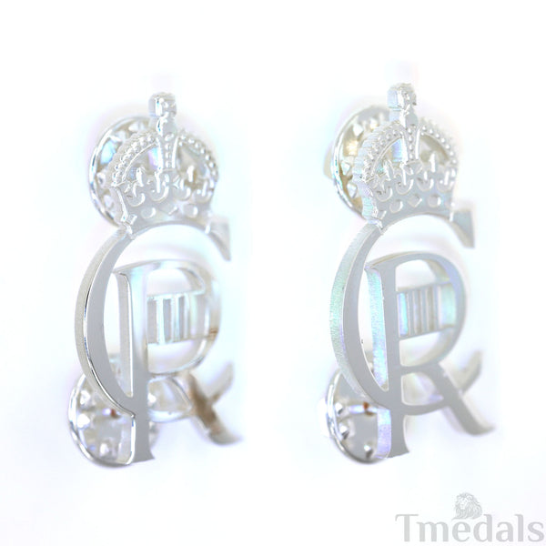 King Charles III CIIIR Cypher Badge Pair Brass Real Silver Plated - UK Replica