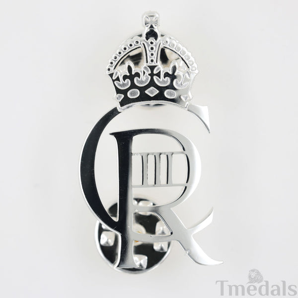 King Charles III CIIIR Cypher Badge Pair Brass Real Silver Plated - UK Replica
