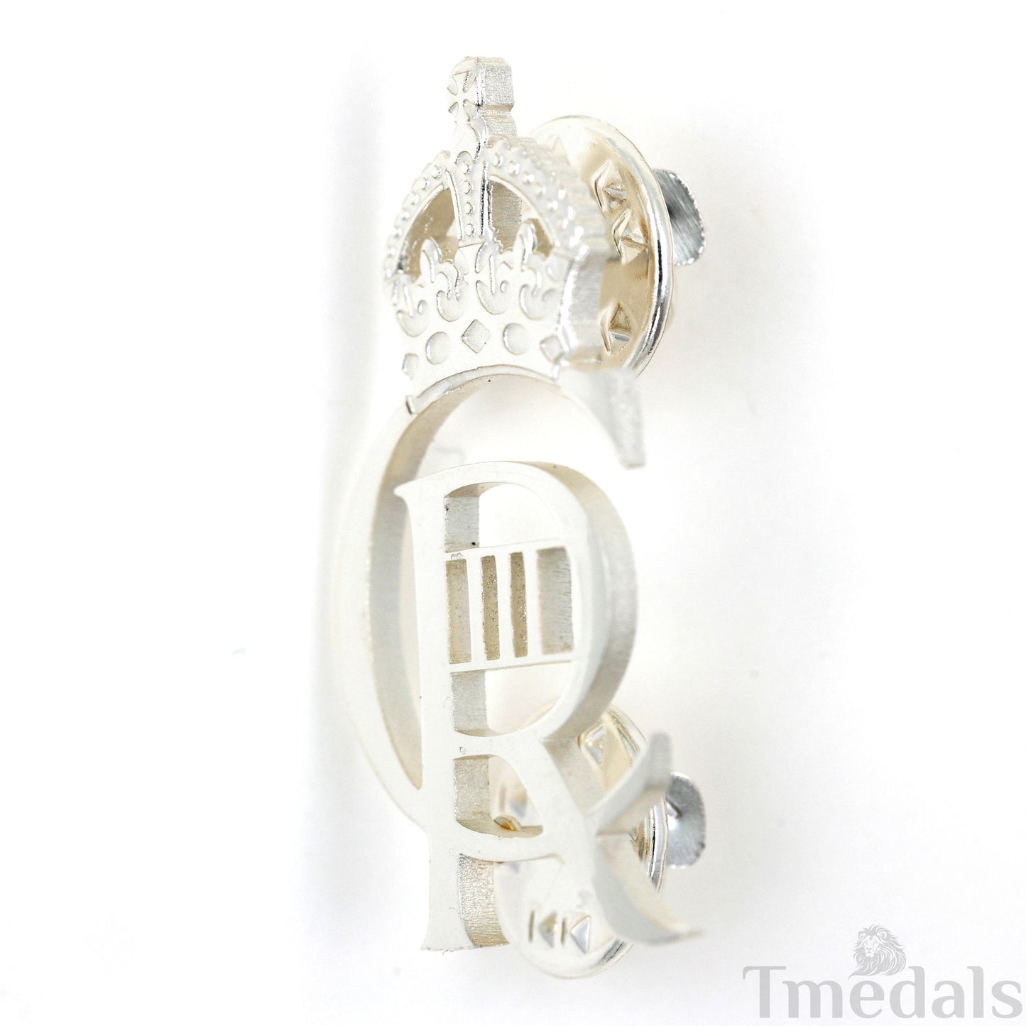 King Charles III CIIIR Cypher Badge Pair Brass Real Silver Plated - UK Replica