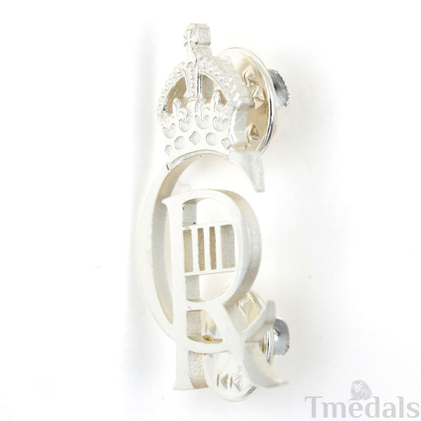 King Charles III CIIIR Cypher Badge Pair Brass Real Silver Plated - UK Replica