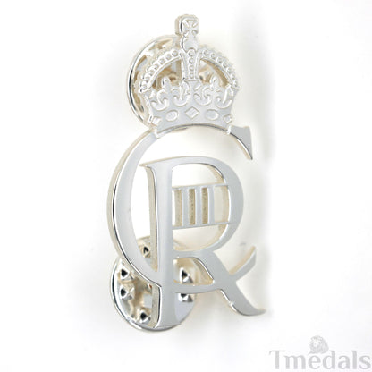 King Charles III CIIIR Cypher Badge Pair Brass Real Silver Plated - UK Replica