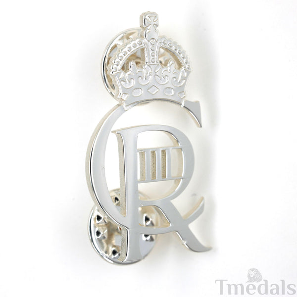 King Charles III CIIIR Cypher Badge Pair Brass Real Silver Plated - UK Replica