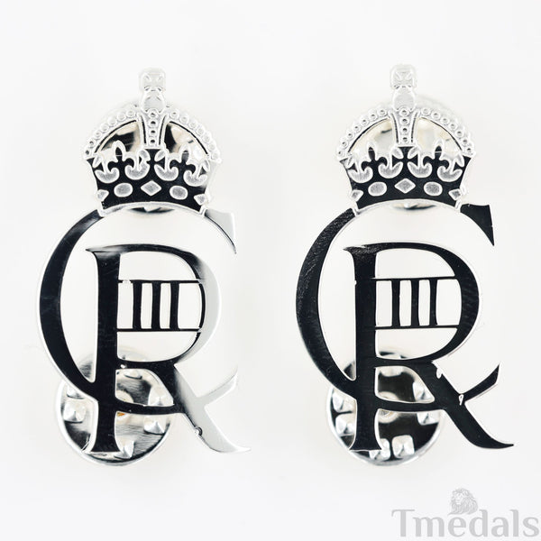 King Charles III CIIIR Cypher Badge Pair Brass Real Silver Plated - UK Replica