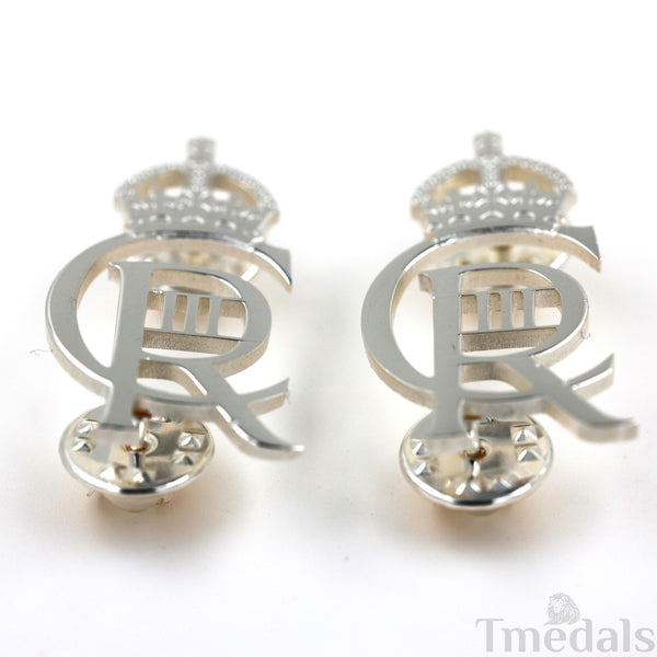 King Charles III CIIIR Cypher Badge Pair Brass Real Silver Plated - UK Replica
