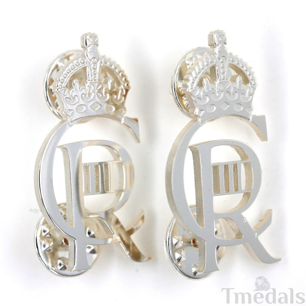 King Charles III CIIIR Cypher Badge Pair Brass Real Silver Plated - UK Replica