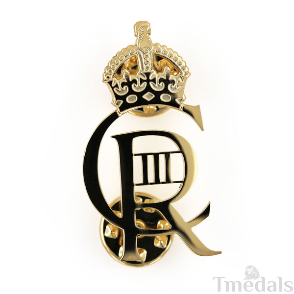 King Charles III CIIIR Cypher Badge Pair Brass Real Gold Plated - UK Replica
