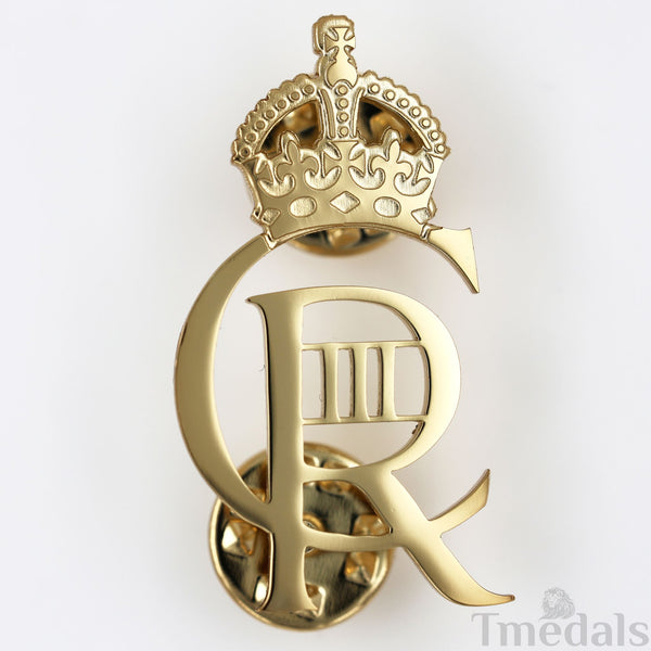 King Charles III CIIIR Cypher Badge Pair Brass Real Gold Plated - UK Replica