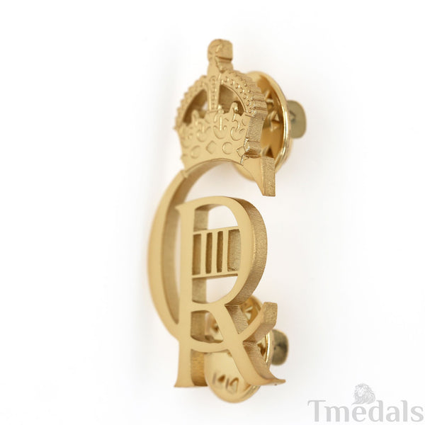 King Charles III CIIIR Cypher Badge Pair Brass Real Gold Plated - UK Replica