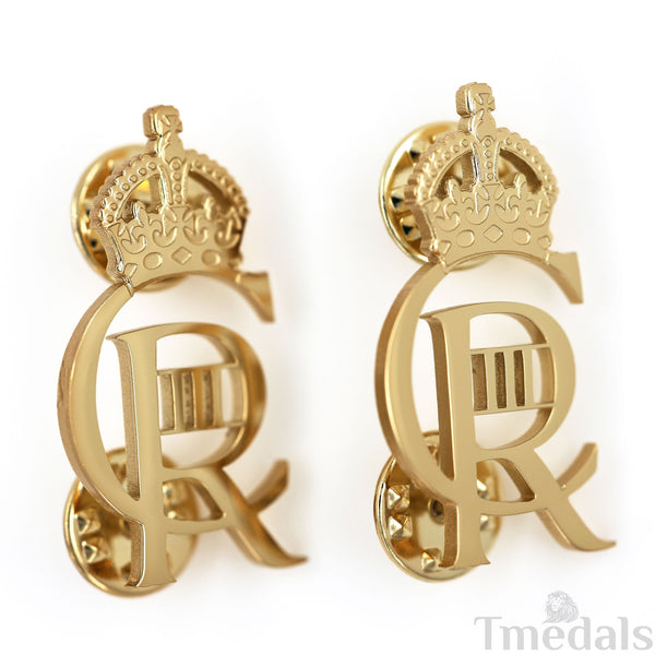 King Charles III CIIIR Cypher Badge Pair Brass Real Gold Plated - UK Replica