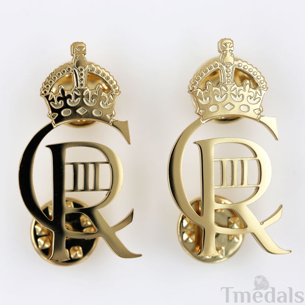 King Charles III CIIIR Cypher Badge Pair Brass Real Gold Plated - UK Replica