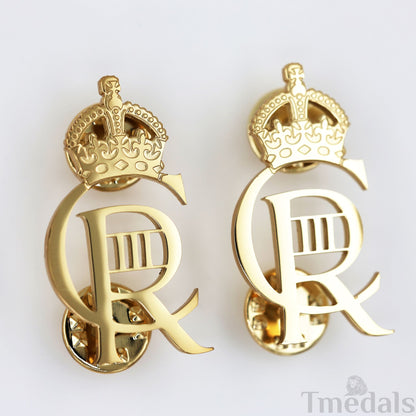 King Charles III CIIIR Cypher Badge Pair Brass Real Gold Plated - UK Replica