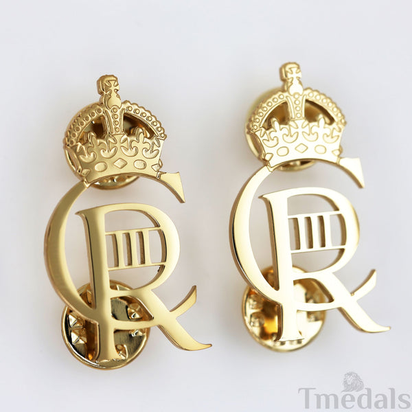 King Charles III CIIIR Cypher Badge Pair Brass Real Gold Plated - UK Replica