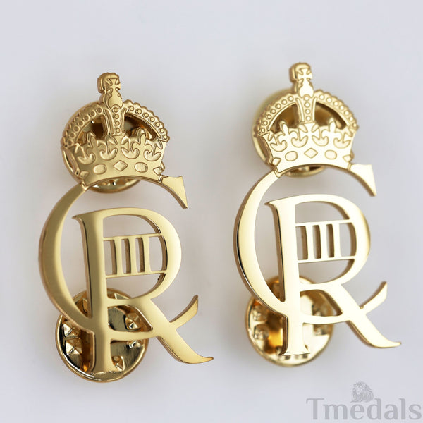 King Charles III CIIIR Cypher Badge Pair Brass Real Gold Plated - UK Replica