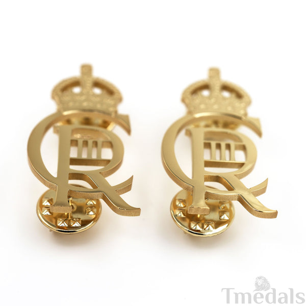 King Charles III CIIIR Cypher Badge Pair Brass Real Gold Plated - UK Replica