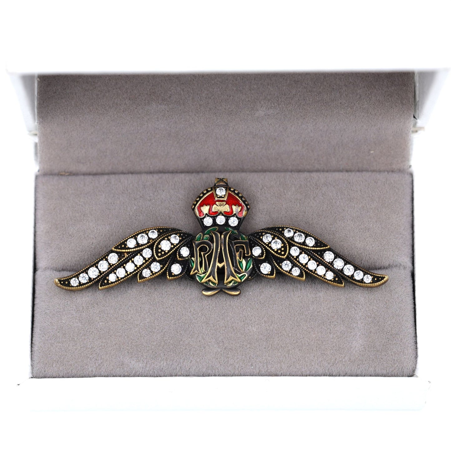 Cased Uk RAF Pilot Wings Brooch–Gold-Tone, Rhinestones & Enamel Crown (Replica)