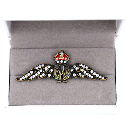 Cased Uk RAF Pilot Wings Brooch–Gold-Tone, Rhinestones & Enamel Crown (Replica)