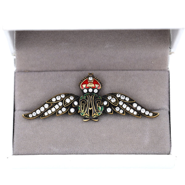 Cased Uk RAF Pilot Wings Brooch–Gold-Tone, Rhinestones & Enamel Crown (Replica)