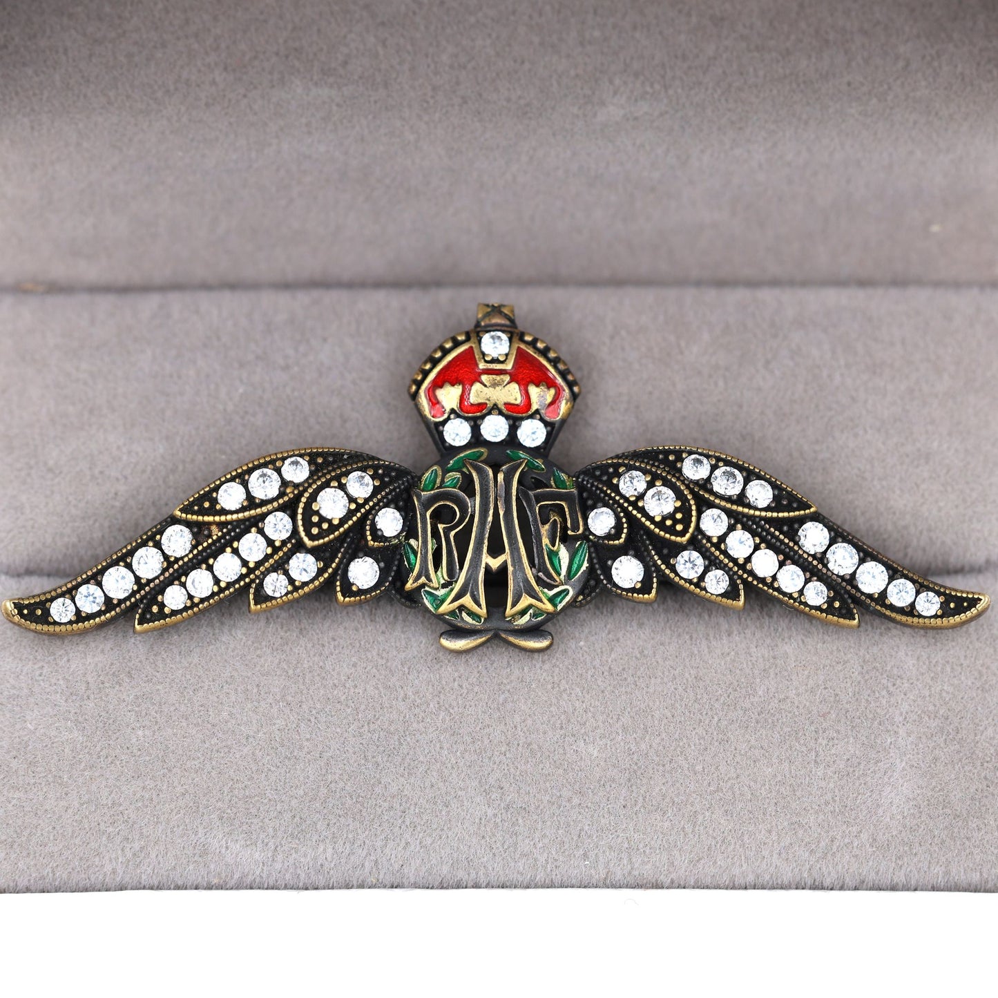 Cased Uk RAF Pilot Wings Brooch–Gold-Tone, Rhinestones & Enamel Crown (Replica)