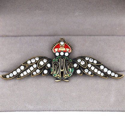 Cased Uk RAF Pilot Wings Brooch–Gold-Tone, Rhinestones & Enamel Crown (Replica)
