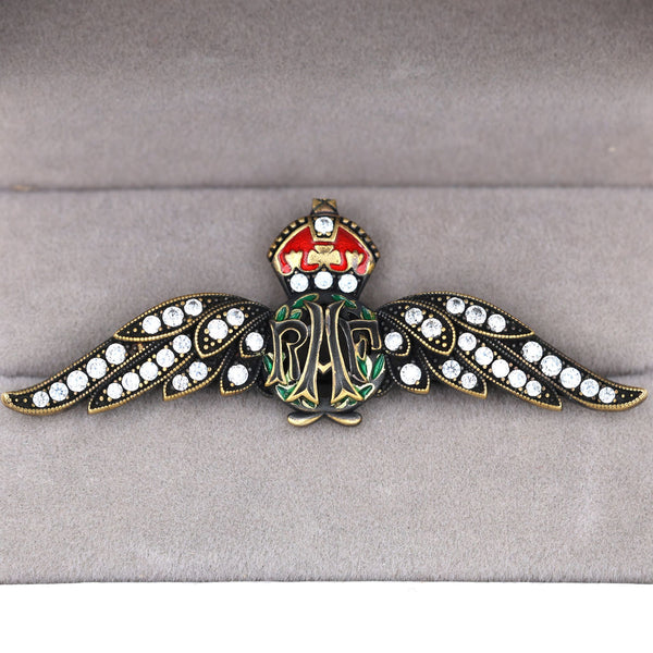 Cased Uk RAF Pilot Wings Brooch–Gold-Tone, Rhinestones & Enamel Crown (Replica)