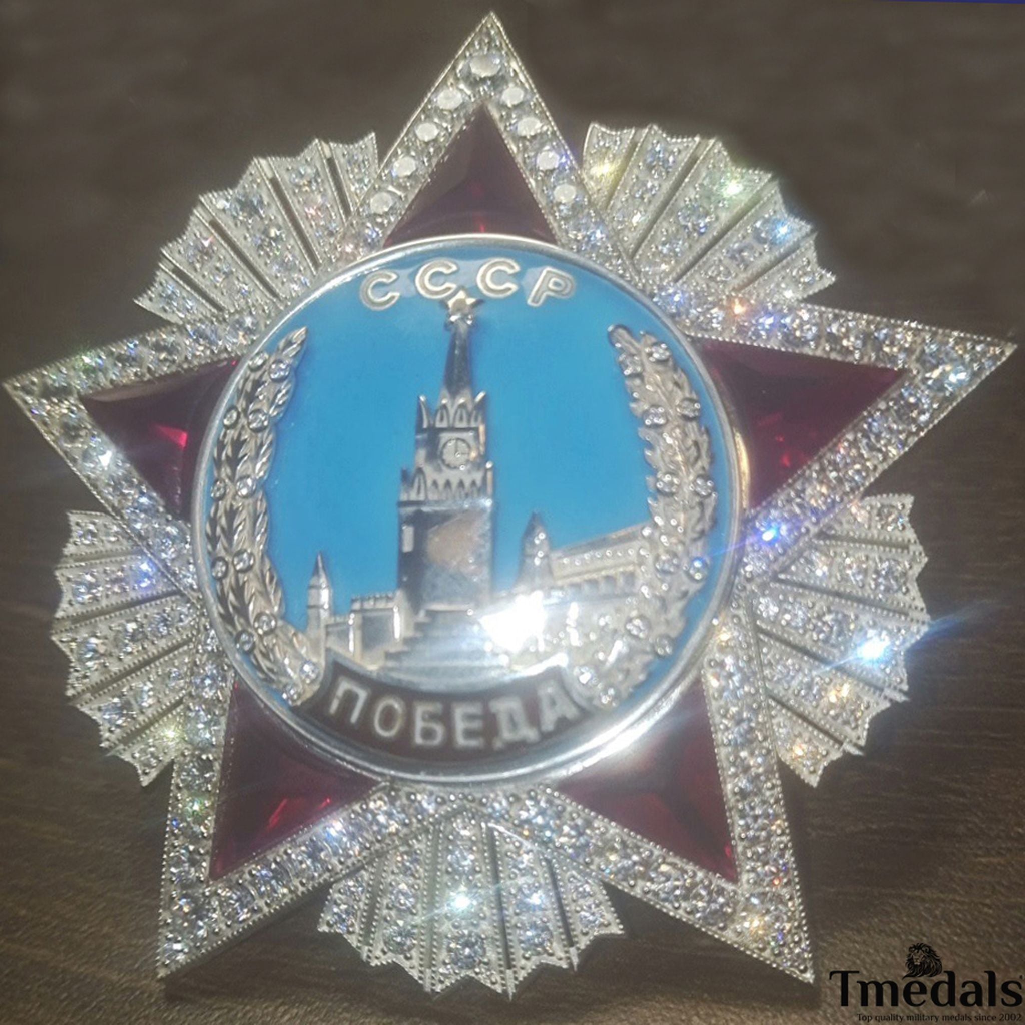 USSR Order of Victory Medal 925 Silver Real Enamel Ruby Moissanite Replica Top Rare