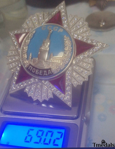 USSR Order of Victory Medal 925 Silver Real Enamel Ruby Moissanite Replica Top Rare