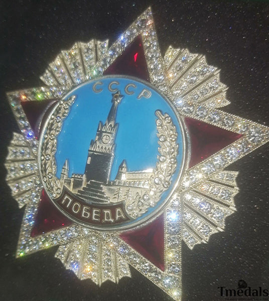 USSR Order of Victory Medal 925 Silver Real Enamel Ruby Moissanite Replica Top Rare