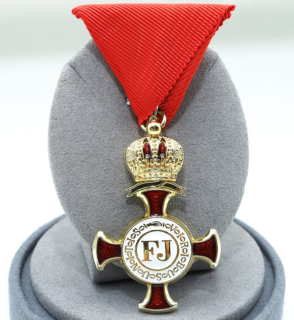 Austro-Hungarian Golden Cross of Merit w/ Crown 1849 FJ Replica Red Ribbon