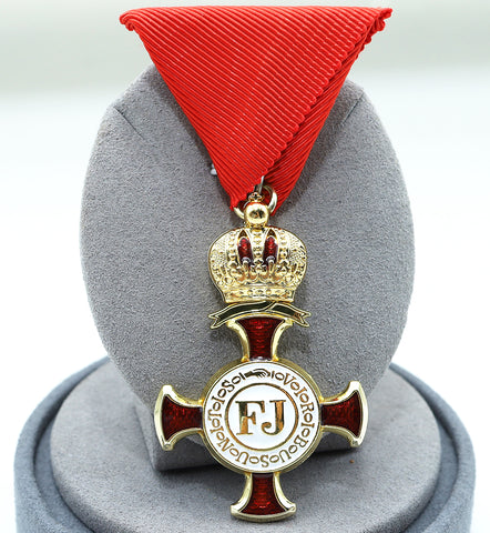Austro-Hungarian Golden Cross of Merit w/ Crown 1849 FJ Replica Red Ribbon