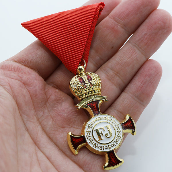 Austro-Hungarian Golden Cross of Merit w/ Crown 1849 FJ Replica Red Ribbon