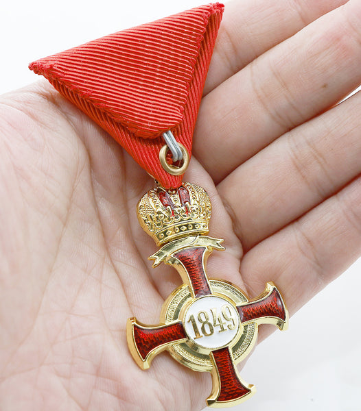 Austro-Hungarian Golden Cross of Merit w/ Crown 1849 FJ Replica Red Ribbon