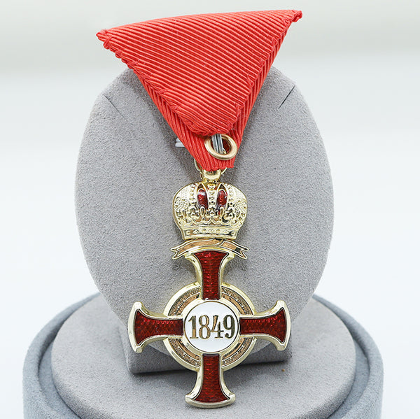 Austro-Hungarian Golden Cross of Merit w/ Crown 1849 FJ Replica Red Ribbon