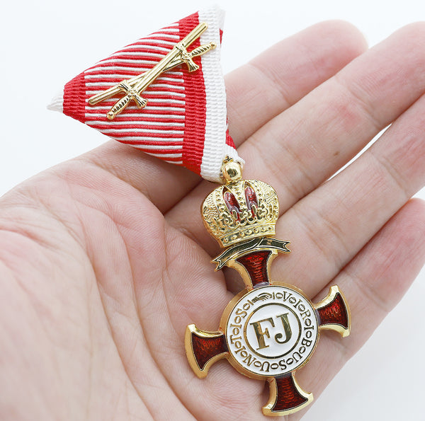 Austro-Hungarian Golden Cross of Merit with Crown 1849 FJ with Swords Replica